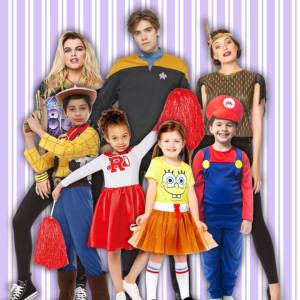 Image of 3 adults and 4 kids dressed in costumes that are priced $0 to $39.99, included costumes are a 1980's shirt, 1920's top, Star Trek commander, Woody, a Cheerleader, SpongeBob and Mario.