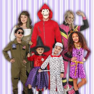 Image of 3 adults and 4 kids dressed in costumes that are priced from $40 to $59.99, included costumes are a pirate, 1980s shell suit, Money Heist jumpsuit, Top Gun flight suit, Dalmatian, Clawdeen Wolf and the Room on the Broom witch.