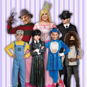Image of 3 adults and 4 kids dressed in costumes priced from $60 to $79.99, included characters are Freddy Krueger, Princess Peach, a Spy, a Minion, Wednesday Addams, Sonic and Hagrid from Harry Potter. 