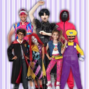 Image of 3 adults and 4 kids dressed in costumes priced from $80 to $99.99, included costumes are Roller Blade Ken, Wednesday Addams Prom Dress, Squid Game Triangle Guard, Harry Potter, Sally Finklestein, Wario and a 90s Rollerskater.
