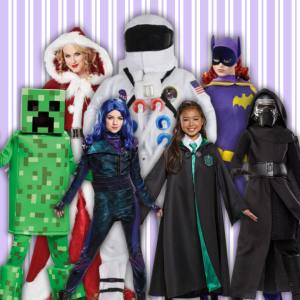 Image of 3 adults and 4 kids dressed in costumes priced over $100, included costumes are, Mrs Claus, a NASA Astronaut, Batgirl, a Minecraft Creeper, Mal from the Descendants, a Slytherin student and Kylo Ren.