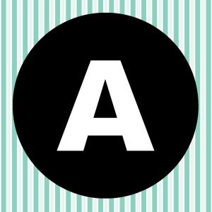 Image of a white letter A inside of a black circle with a teal and white striped background.