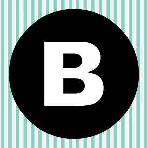 Image of a white letter B inside of a black circle with a teal and white striped background.