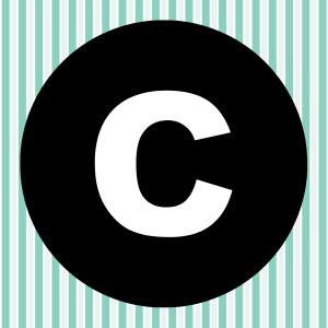 Image of a white letter C inside of a black circle with a teal and white striped background.