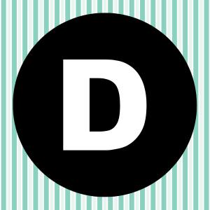 Image of a white letter D inside of a black circle with a teal and white striped background.