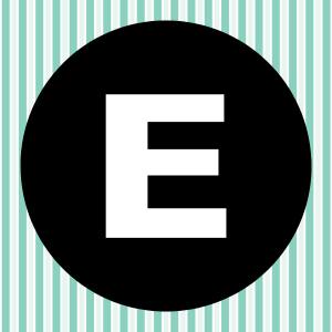 Image of a white letter E inside of a black circle with a teal and white striped background.