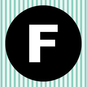 Image of a white letter F inside of a black circle with a teal and white striped background.