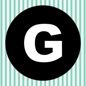 Image of a white letter G inside of a black circle with a teal and white striped background.