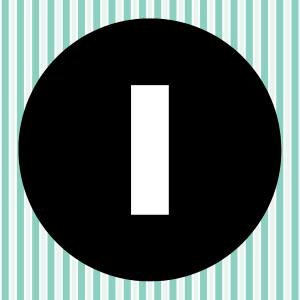 Image of a white letter I inside of a black circle with a teal and white striped background.