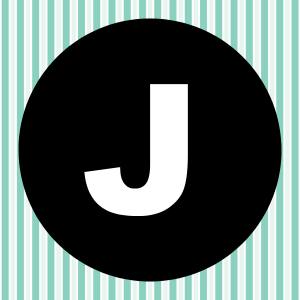 Image of a white letter J inside of a black circle with a teal and white striped background.