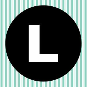 Image of a white letter L inside of a black circle with a teal and white striped background.