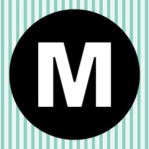 Image of a white letter M inside of a black circle with a teal and white striped background.