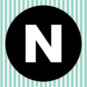 Image of a white letter N inside of a black circle with a teal and white striped background.