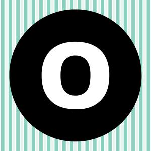 Image of a white letter O inside of a black circle with a teal and white striped background.