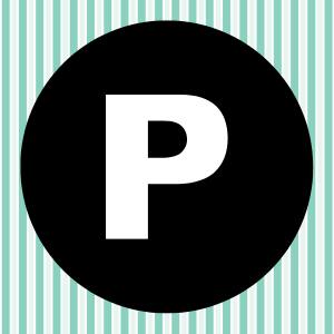 Image of a white letter P inside of a black circle with a teal and white striped background.