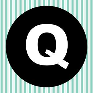 Image of a white letter Q inside of a black circle with a teal and white striped background.