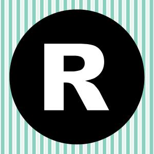 Image of a white letter R inside of a black circle with a teal and white striped background.