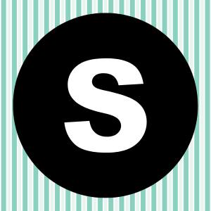 Image of a white letter S inside of a black circle with a teal and white striped background.