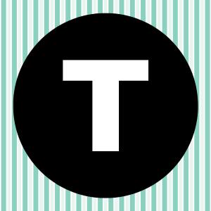 Image of a white letter T inside of a black circle with a teal and white striped background.