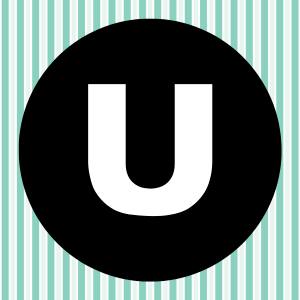 Image of a white letter U inside of a black circle with a teal and white striped background.