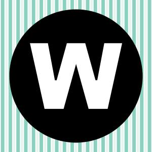 Image of a white letter W inside of a black circle with a teal and white striped background.