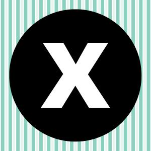 Image of a white letter X inside of a black circle with a teal and white striped background.