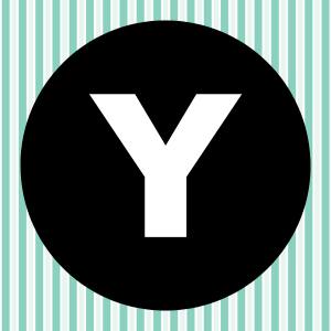 Image of a white letter Y inside of a black circle with a teal and white striped background.