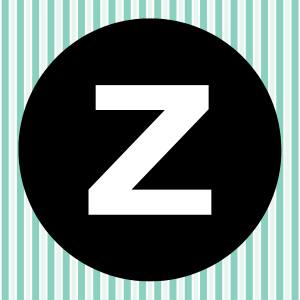 Image of a white letter Z inside of a black circle with a teal and white striped background.