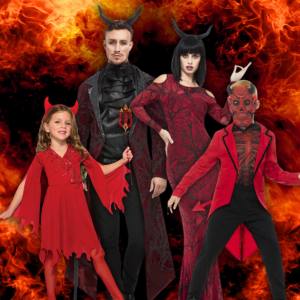 Image of 2 adults and 2 kids wearing different devil costumes.