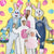 Image of 3 adults and 2 kids in different Easter bunny costumes. There is a mix of mascot costumes and onesies.