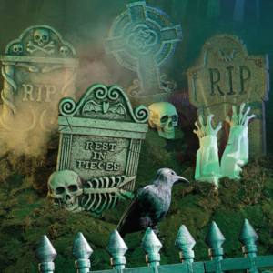 Image of a Halloween graveyard, including tombstones.