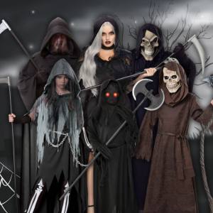 Image of 3 adults and 3 kids wearing different Grim Reaper Halloween costumes.