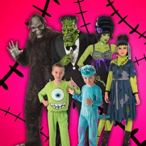 Image of 6 people wearing different monster costumes, there is Big Foot, Frankenstein, Frankenstein's Bride, Frankenstein's Daughter, Mike and Sully from Monsters Inc.