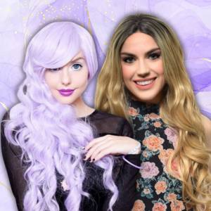 Image of two women wearing premium quality wigs that are priced over $75, one is a lilac purple and one a long blonde wig with waves.