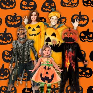 Image of 5 people wearing different pumpkin themed costumes, there is a mix of scary and nice pumpkins.