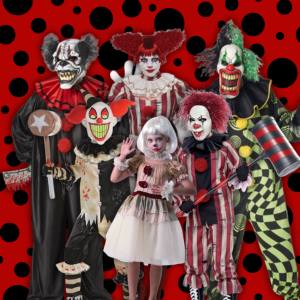 Image of six people wearing a mixture of scary clown costumes.