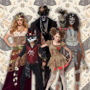 Image of 5 people wearing different Voodoo style costumes.
