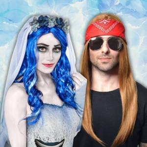 Image of a man and woman wearing costume wigs priced $31 to $40, one is a blue Corpse Bride wig and the other is a strawberry blonde Axl Rose wig.