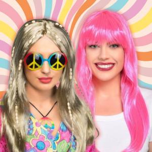 Image of 2 women wearing costume wigs priced under $20, one is a hippie style and one a long pink wig with fringe.