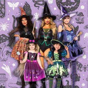 Image of 3 women and 2 girls dressed in witch costumes.