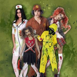 Image of 3 adults and 2 kids wearing different zombie costumes, there is a zombie nurse, zombie mailman, zombie school girl, zombie cheerleader and toxic zombie.