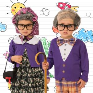 Image of kids wearing granny and grandpa costumes