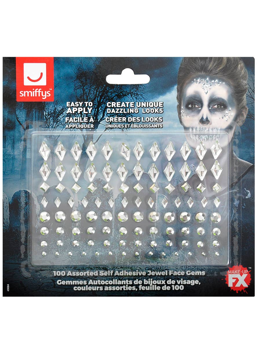 Image of Pack of 100 Assorted Silver Stick-On Face Gems - Alternate Image 1