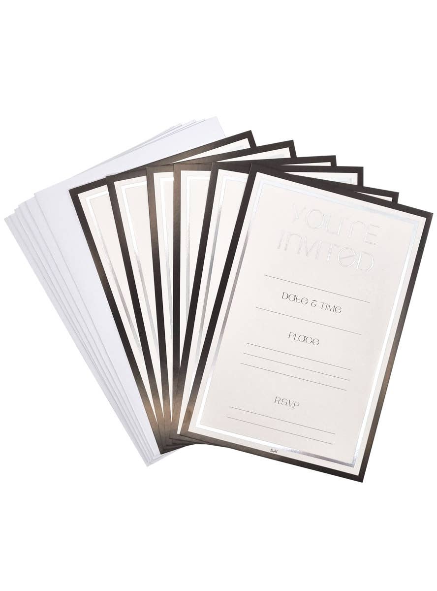 Image of Silver and White 6 Pack Party Invitations with Black Edges