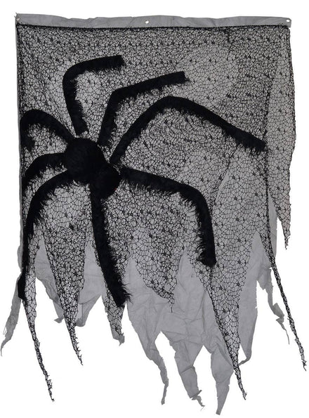 Image Of Halloween Decoration Tattered Door Cover with Giant Black Fake Spider Halloween Decoration