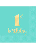 Image of 1st Birthday Boy Teal and Gold 16 Pack Beverage Napkins