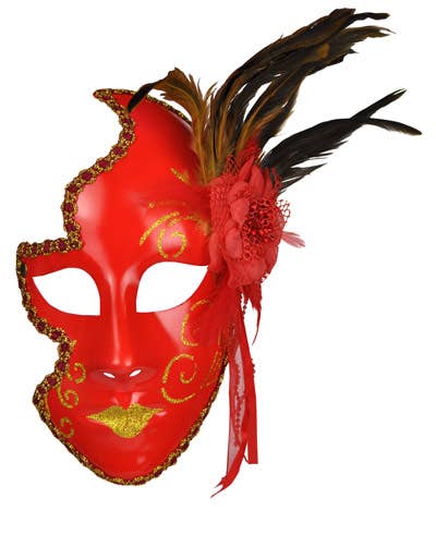 Red 3/4 Face Masquerade Mask With Feathers - Alternate Image 2