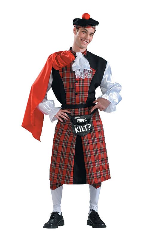 Men's Funny 'What's Under The Kilt" Naughty Red Tartan Scottish Costume - Main Image