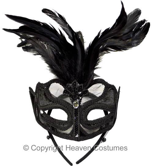 Black Mesh and Feathers Women's Masquerade Mask on Headband Main Image