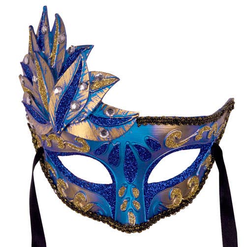 Blue And Gold Women's Side Overly Masquerade Mask Alternative Image